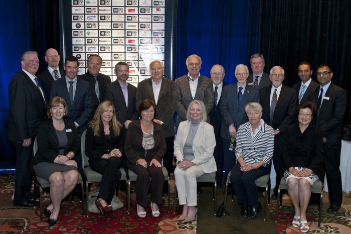 Representatives of past Hall of Fame inductees, with Mayor Derek Corrigan (left).